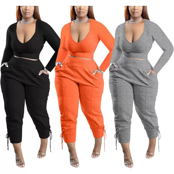 IyMoo Women Plus Size 2 Piece Sweatsuit Outfits Long Sleeve V Neck Crop Top  High Waisted Leggings Jogger SetBlack
