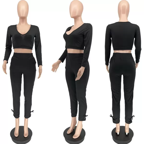 IyMoo Women Plus Size 2 Piece Sweatsuit Outfits Long Sleeve V Neck Crop Top  High Waisted Leggings Jogger SetBlack