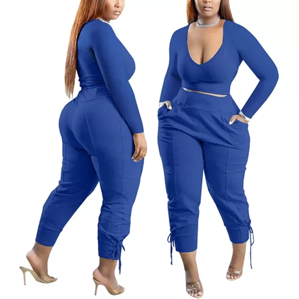 IyMoo Women Plus Size 2 Piece Sweatsuit Outfits Long Sleeve V Neck Crop Top  High Waisted Leggings Jogger SetBlue