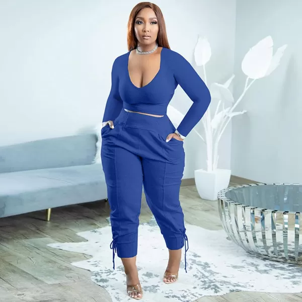 IyMoo Women Plus Size 2 Piece Sweatsuit Outfits Long Sleeve V Neck Crop Top  High Waisted Leggings Jogger SetBlue