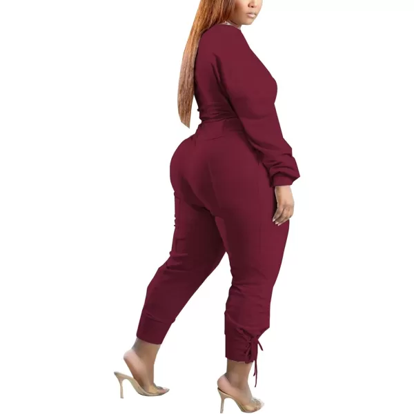 IyMoo Women Plus Size 2 Piece Sweatsuit Outfits Long Sleeve V Neck Crop Top  High Waisted Leggings Jogger SetBurgundy