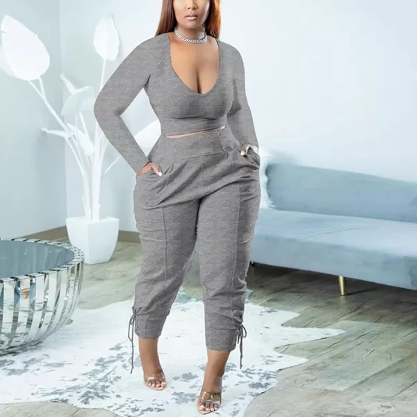 IyMoo Women Plus Size 2 Piece Sweatsuit Outfits Long Sleeve V Neck Crop Top  High Waisted Leggings Jogger SetGray