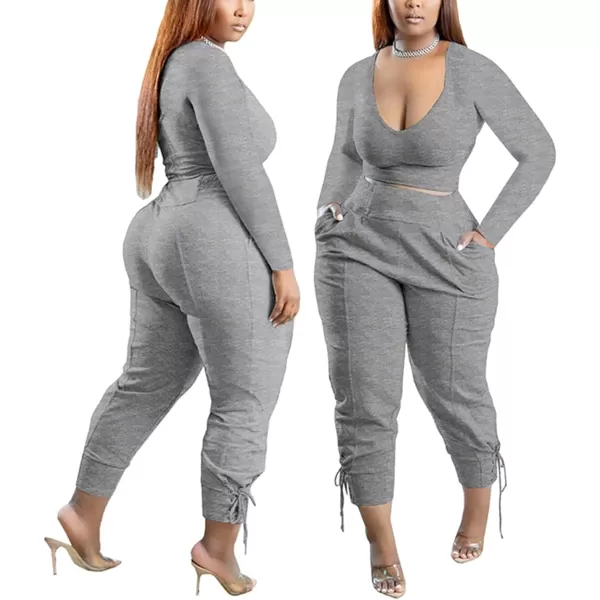 IyMoo Women Plus Size 2 Piece Sweatsuit Outfits Long Sleeve V Neck Crop Top  High Waisted Leggings Jogger SetGray