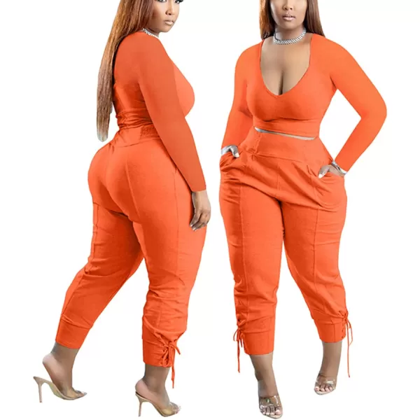 IyMoo Women Plus Size 2 Piece Sweatsuit Outfits Long Sleeve V Neck Crop Top  High Waisted Leggings Jogger SetOrange