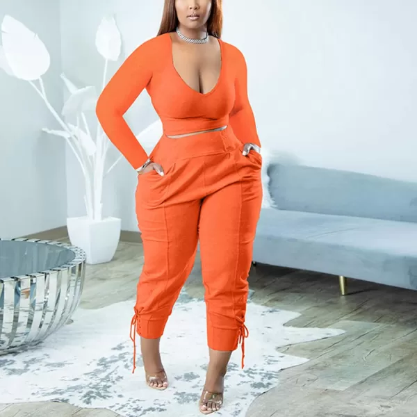 IyMoo Women Plus Size 2 Piece Sweatsuit Outfits Long Sleeve V Neck Crop Top  High Waisted Leggings Jogger SetOrange