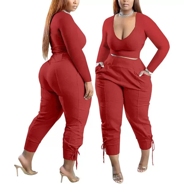 IyMoo Women Plus Size 2 Piece Sweatsuit Outfits Long Sleeve V Neck Crop Top  High Waisted Leggings Jogger SetRed