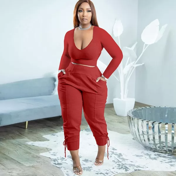 IyMoo Women Plus Size 2 Piece Sweatsuit Outfits Long Sleeve V Neck Crop Top  High Waisted Leggings Jogger SetRed