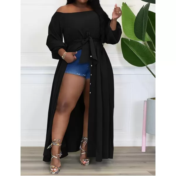 IyMoo Women Plus Size High Low Tops Long Sleeve Off The Shoulder Wrap Bodycon Tops Blouse Shirt DressBlack