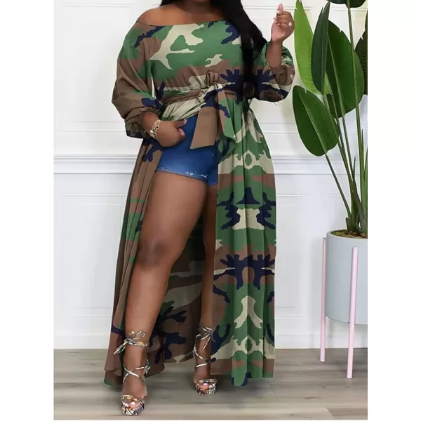 IyMoo Women Plus Size High Low Tops Long Sleeve Off The Shoulder Wrap Bodycon Tops Blouse Shirt DressCamouflage