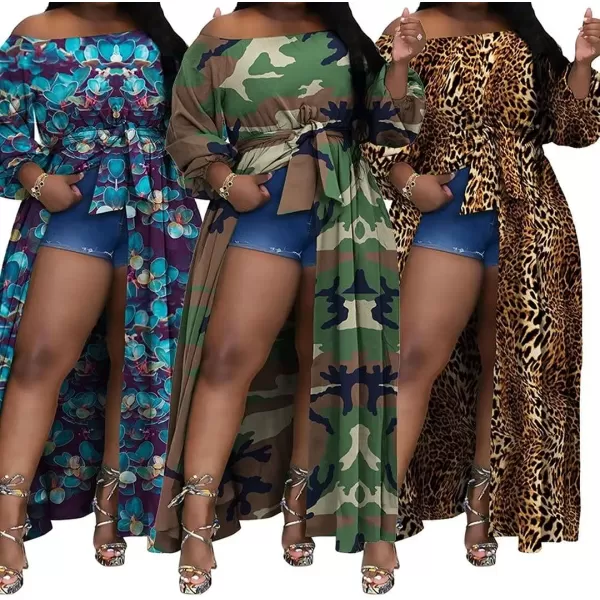 IyMoo Women Plus Size High Low Tops Long Sleeve Off The Shoulder Wrap Bodycon Tops Blouse Shirt DressFloral