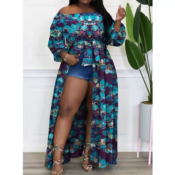 IyMoo Women Plus Size High Low Tops Long Sleeve Off The Shoulder Wrap Bodycon Tops Blouse Shirt DressFloral