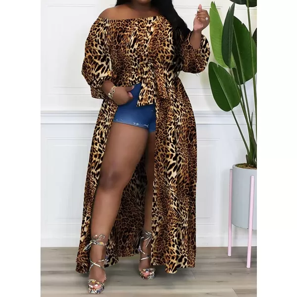 IyMoo Women Plus Size High Low Tops Long Sleeve Off The Shoulder Wrap Bodycon Tops Blouse Shirt DressLeopard