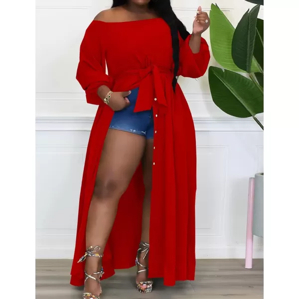 IyMoo Women Plus Size High Low Tops Long Sleeve Off The Shoulder Wrap Bodycon Tops Blouse Shirt DressRed