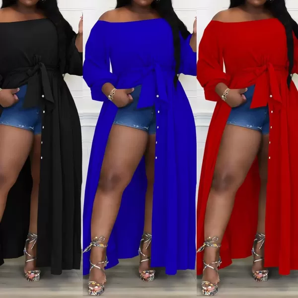 IyMoo Women Plus Size High Low Tops Long Sleeve Off The Shoulder Wrap Bodycon Tops Blouse Shirt DressRoyal Blue