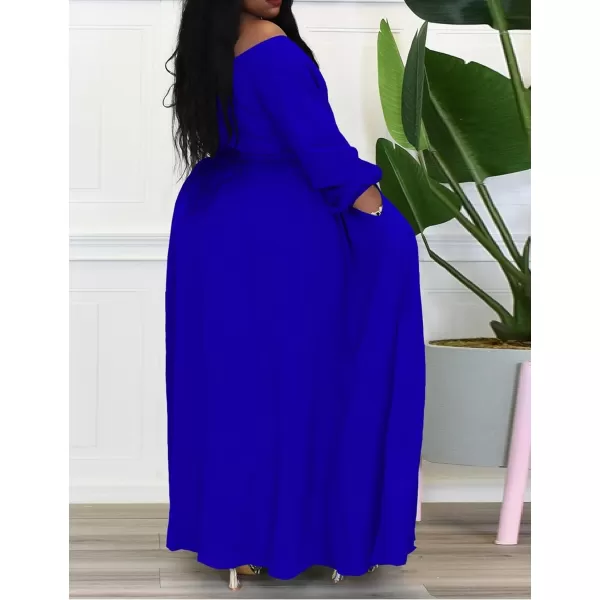 IyMoo Women Plus Size High Low Tops Long Sleeve Off The Shoulder Wrap Bodycon Tops Blouse Shirt DressRoyal Blue