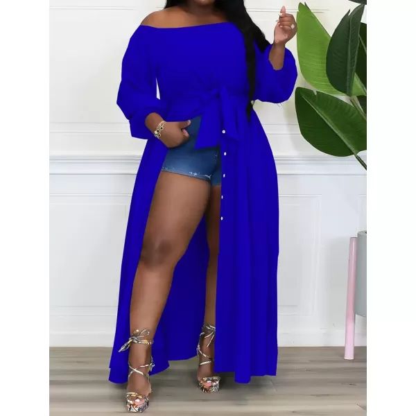 IyMoo Women Plus Size High Low Tops Long Sleeve Off The Shoulder Wrap Bodycon Tops Blouse Shirt DressRoyal Blue