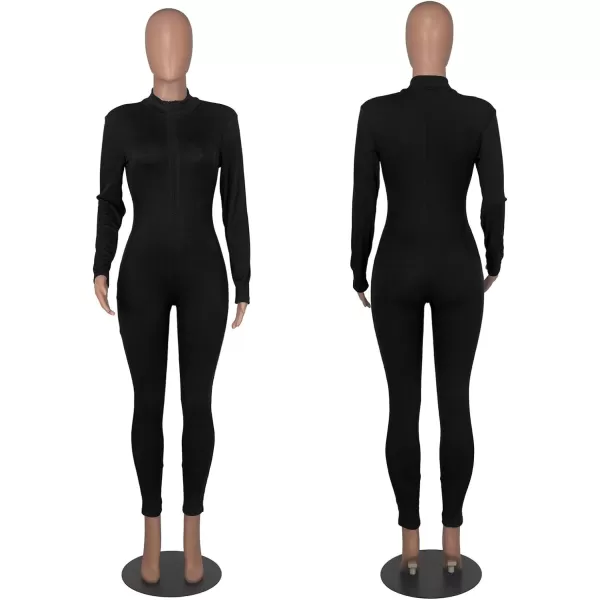 IyMoo Women Sexy Bodycon Jumpsuit Long Sleeve Ribbed Zipper V Neck Stretchy Rompers Workout SetBlack