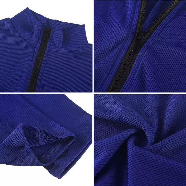 IyMoo Women Sexy Bodycon Jumpsuit Long Sleeve Ribbed Zipper V Neck Stretchy Rompers Workout SetBlue
