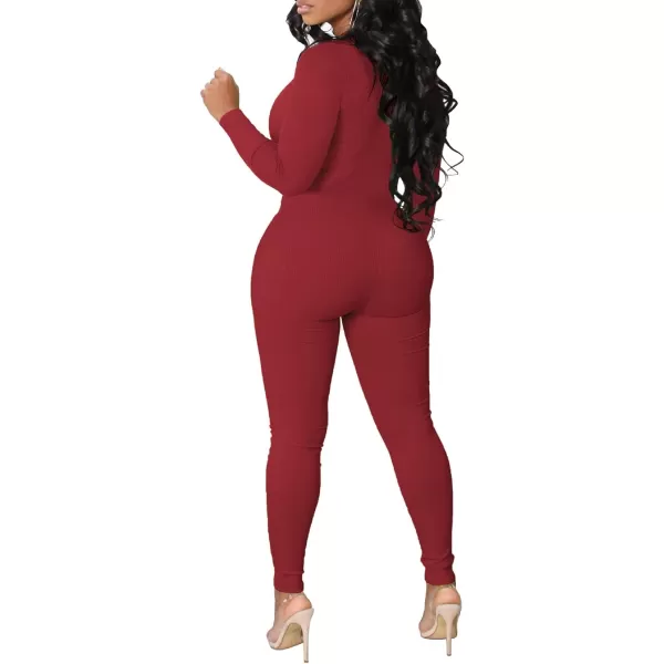 IyMoo Women Sexy Bodycon Jumpsuit Long Sleeve Ribbed Zipper V Neck Stretchy Rompers Workout SetBurgundy