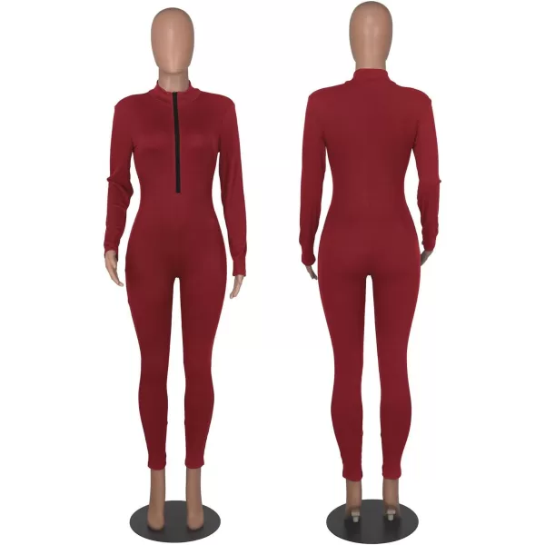 IyMoo Women Sexy Bodycon Jumpsuit Long Sleeve Ribbed Zipper V Neck Stretchy Rompers Workout SetBurgundy