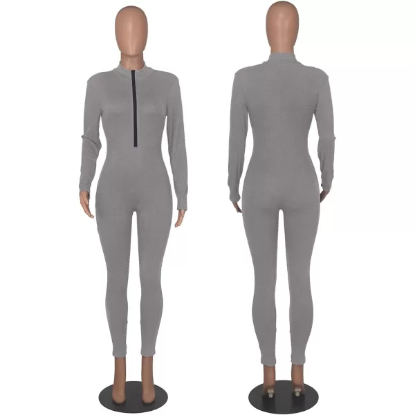 IyMoo Women Sexy Bodycon Jumpsuit Long Sleeve Ribbed Zipper V Neck Stretchy Rompers Workout SetDark Gray
