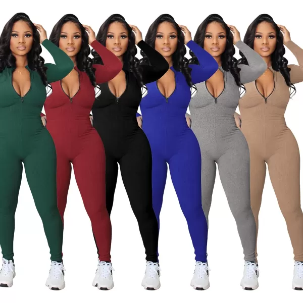 IyMoo Women Sexy Bodycon Jumpsuit Long Sleeve Ribbed Zipper V Neck Stretchy Rompers Workout SetDark Gray