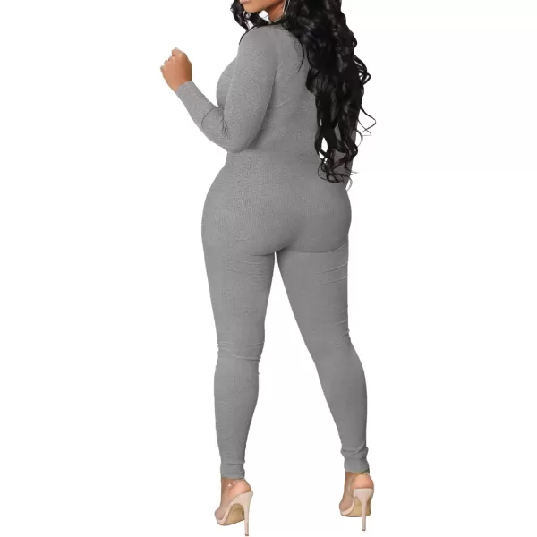 IyMoo Women Sexy Bodycon Jumpsuit Long Sleeve Ribbed Zipper V Neck Stretchy Rompers Workout SetDark Gray