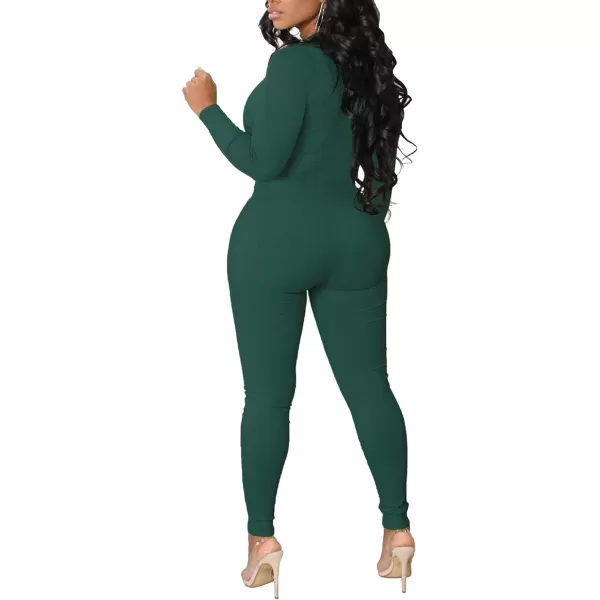 IyMoo Women Sexy Bodycon Jumpsuit Long Sleeve Ribbed Zipper V Neck Stretchy Rompers Workout SetGreen