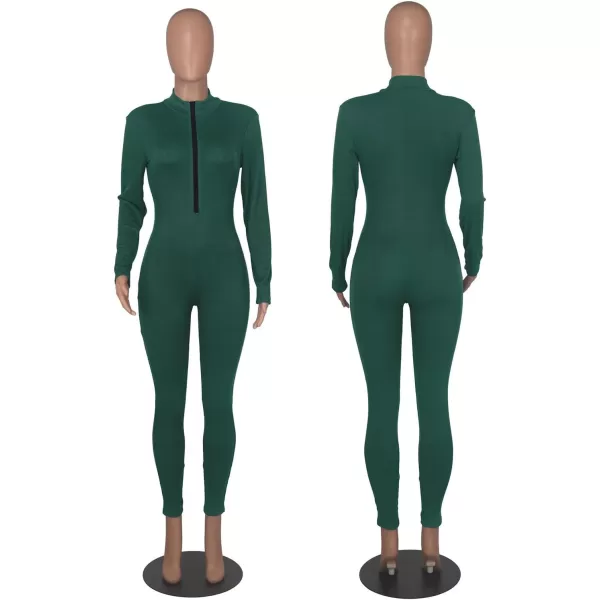 IyMoo Women Sexy Bodycon Jumpsuit Long Sleeve Ribbed Zipper V Neck Stretchy Rompers Workout SetGreen