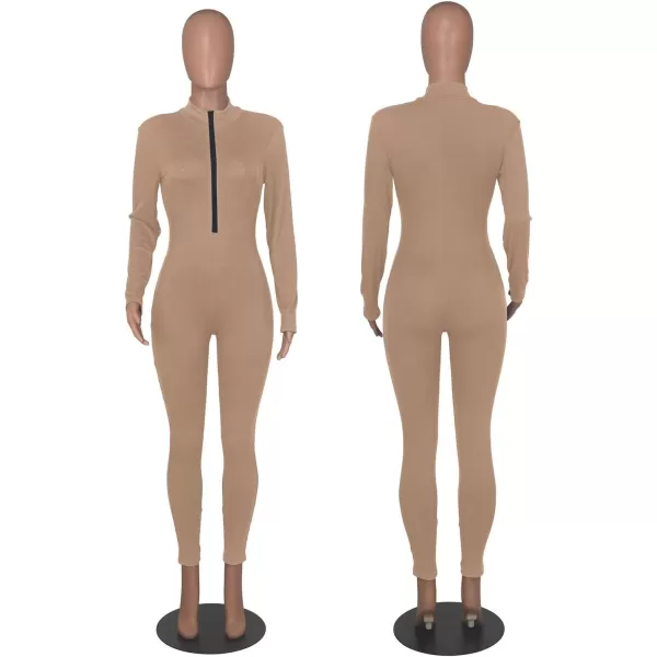 IyMoo Women Sexy Bodycon Jumpsuit Long Sleeve Ribbed Zipper V Neck Stretchy Rompers Workout SetKhaki