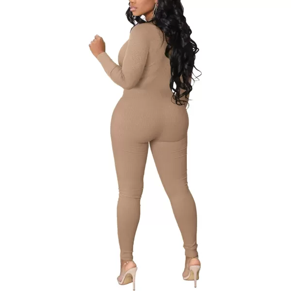 IyMoo Women Sexy Bodycon Jumpsuit Long Sleeve Ribbed Zipper V Neck Stretchy Rompers Workout SetKhaki