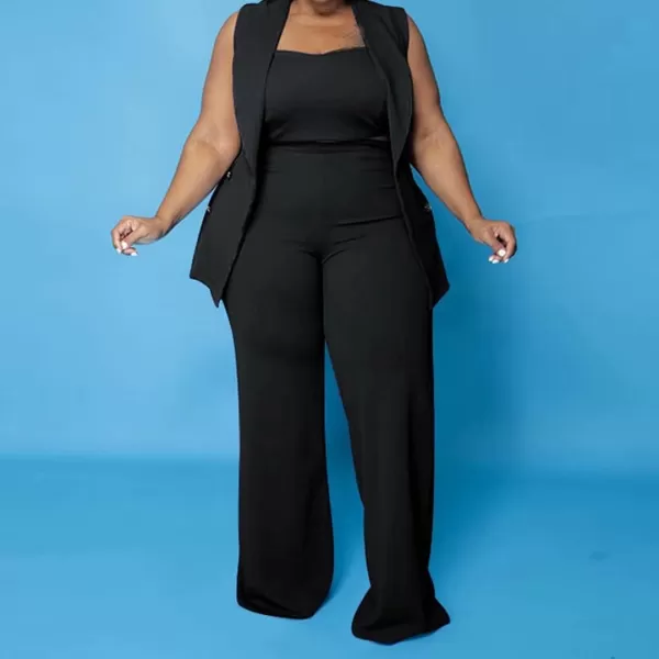 IyMoo Women Sexy Plus Size 3 Piece Outfits  Sleeveless BlazerTank Crop Top and Wide Leg Pants Set JumpsuitsBlack
