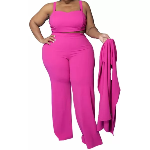 IyMoo Women Sexy Plus Size 3 Piece Outfits  Sleeveless BlazerTank Crop Top and Wide Leg Pants Set JumpsuitsRose Red