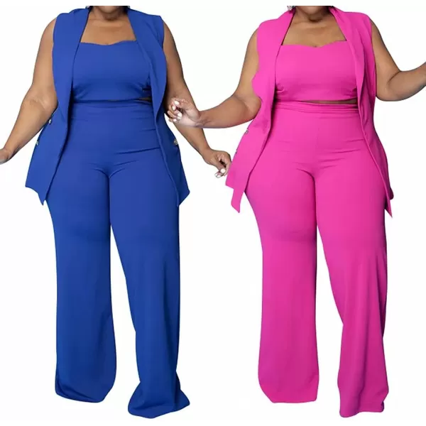 IyMoo Women Sexy Plus Size 3 Piece Outfits  Sleeveless BlazerTank Crop Top and Wide Leg Pants Set JumpsuitsRose Red