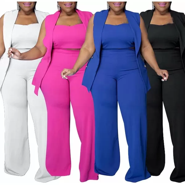IyMoo Women Sexy Plus Size 3 Piece Outfits  Sleeveless BlazerTank Crop Top and Wide Leg Pants Set JumpsuitsWhite