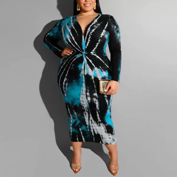 IyMoo Women Sexy Plus Size Dress  Club Outfits Floral Print V Neck Long Sleeve Tie Dye Party Bodycon DressBlue