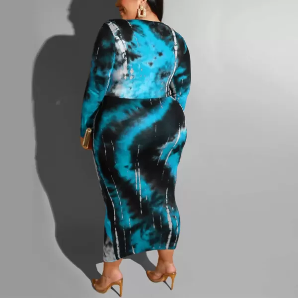 IyMoo Women Sexy Plus Size Dress  Club Outfits Floral Print V Neck Long Sleeve Tie Dye Party Bodycon DressBlue
