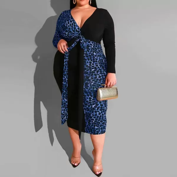 IyMoo Women Sexy Plus Size Dress  Club Outfits Floral Print V Neck Long Sleeve Tie Dye Party Bodycon DressLeopard Blue