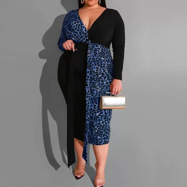 IyMoo Women Sexy Plus Size Dress  Club Outfits Floral Print V Neck Long Sleeve Tie Dye Party Bodycon DressLeopard Blue