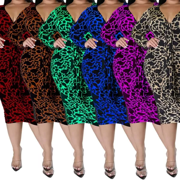 IyMoo Women Sexy Plus Size Dress  Club Outfits Floral Print V Neck Long Sleeve Tie Dye Party Bodycon DressLeopard Dark Brown