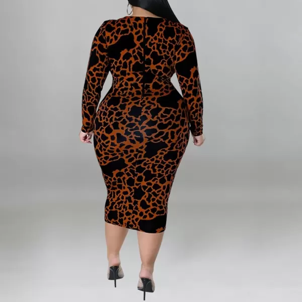 IyMoo Women Sexy Plus Size Dress  Club Outfits Floral Print V Neck Long Sleeve Tie Dye Party Bodycon DressLeopard Dark Brown