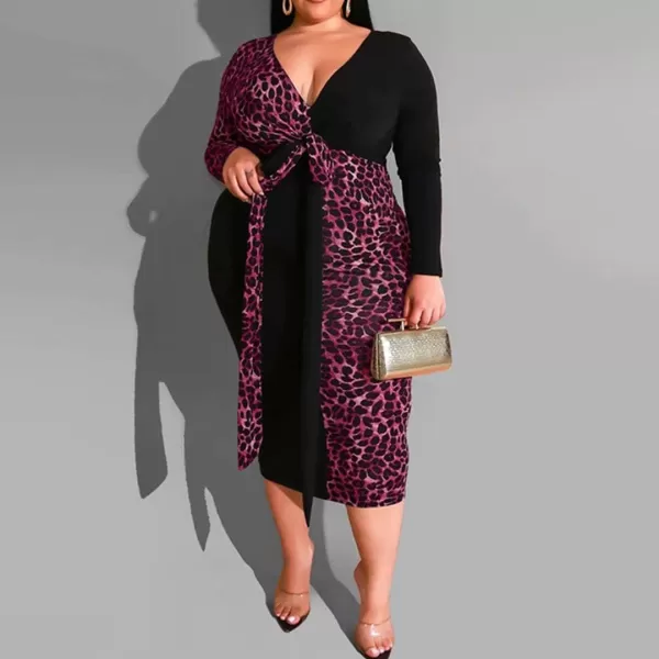 IyMoo Women Sexy Plus Size Dress  Club Outfits Floral Print V Neck Long Sleeve Tie Dye Party Bodycon DressLeopard Leopard Red