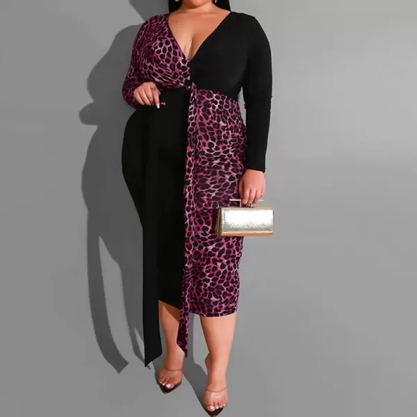 IyMoo Women Sexy Plus Size Dress  Club Outfits Floral Print V Neck Long Sleeve Tie Dye Party Bodycon DressLeopard Leopard Red