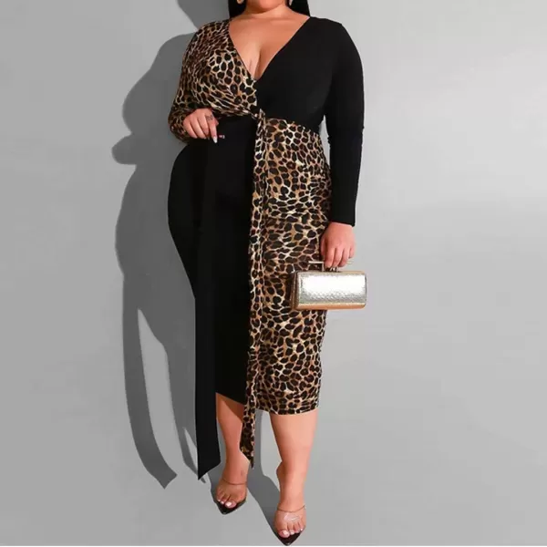 IyMoo Women Sexy Plus Size Dress  Club Outfits Floral Print V Neck Long Sleeve Tie Dye Party Bodycon DressLeopard Leopard Yellow