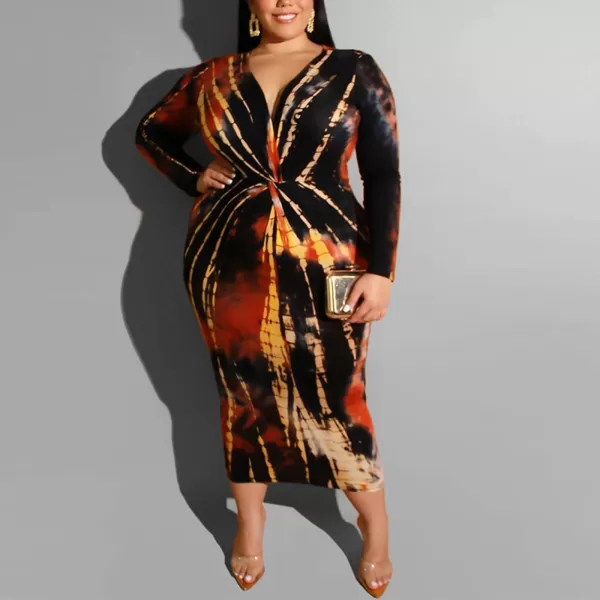 IyMoo Women Sexy Plus Size Dress  Club Outfits Floral Print V Neck Long Sleeve Tie Dye Party Bodycon DressRed