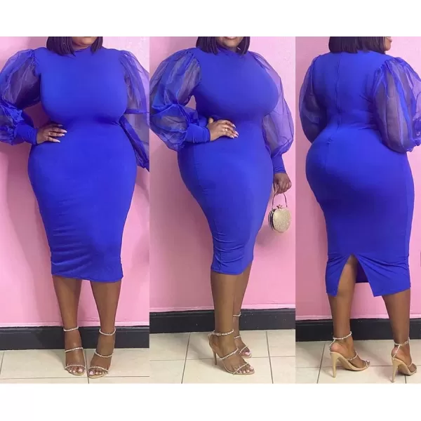 IyMoo Women Sexy Plus Size Dress  Club Outfits Floral Print V Neck Long Sleeve Tie Dye Party Bodycon DressSolid Blue
