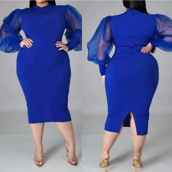 IyMoo Women Sexy Plus Size Dress  Club Outfits Floral Print V Neck Long Sleeve Tie Dye Party Bodycon DressSolid Blue