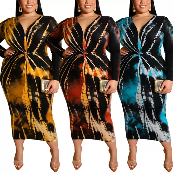 IyMoo Women Sexy Plus Size Dress  Club Outfits Floral Print V Neck Long Sleeve Tie Dye Party Bodycon DressYellow