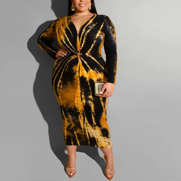 IyMoo Women Sexy Plus Size Dress  Club Outfits Floral Print V Neck Long Sleeve Tie Dye Party Bodycon DressYellow