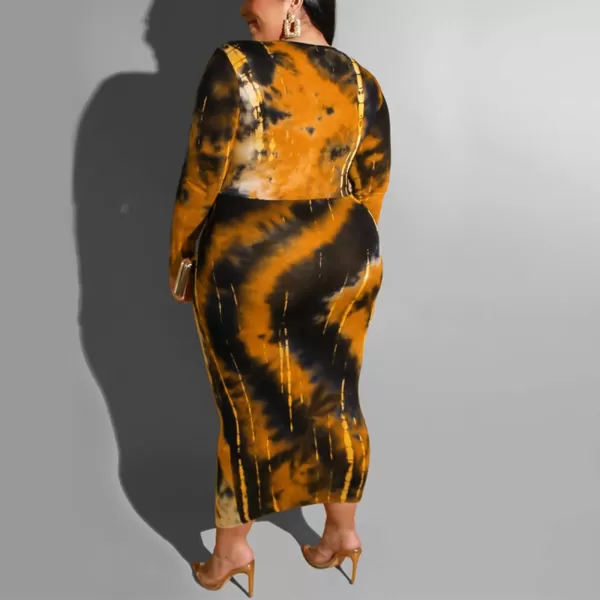 IyMoo Women Sexy Plus Size Dress  Club Outfits Floral Print V Neck Long Sleeve Tie Dye Party Bodycon DressYellow